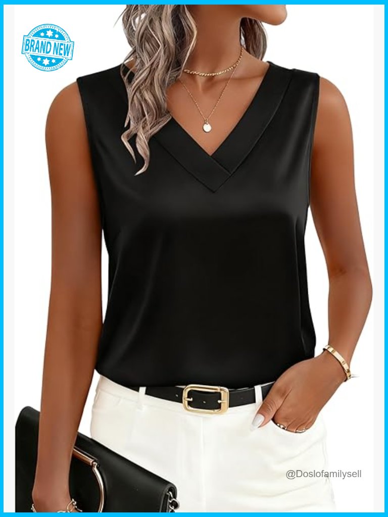 Silk Satin V-Neck Tank Top Sleeveless Camisole Business Casual Blouse Dressy